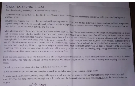 Handwritten thank you letter to Mumtaz Mam