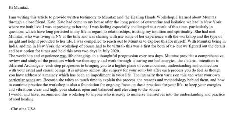 Written testimony from Christina, USA about the Healing Hands Workshop